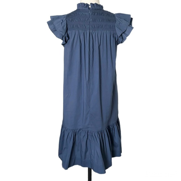 Sea New York Marlene Tunic Mini Dress Smocked Ruffle Blue Cotton Blend Sz Small - Picture 4 of 6